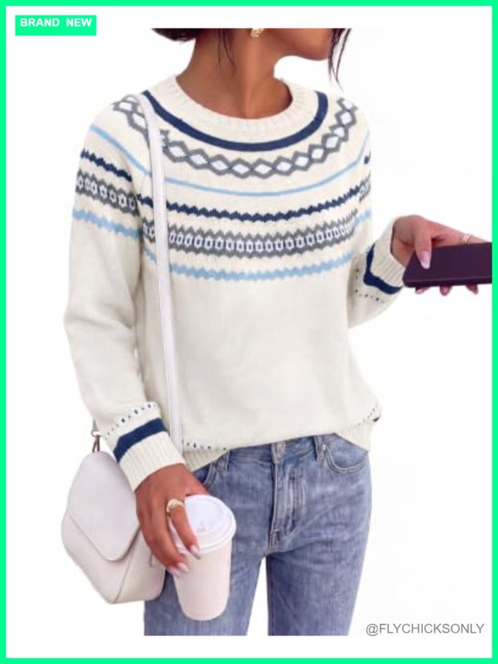 Women's Long Sleeve Crew Neck Pullover Sweater Fair Isle Knit